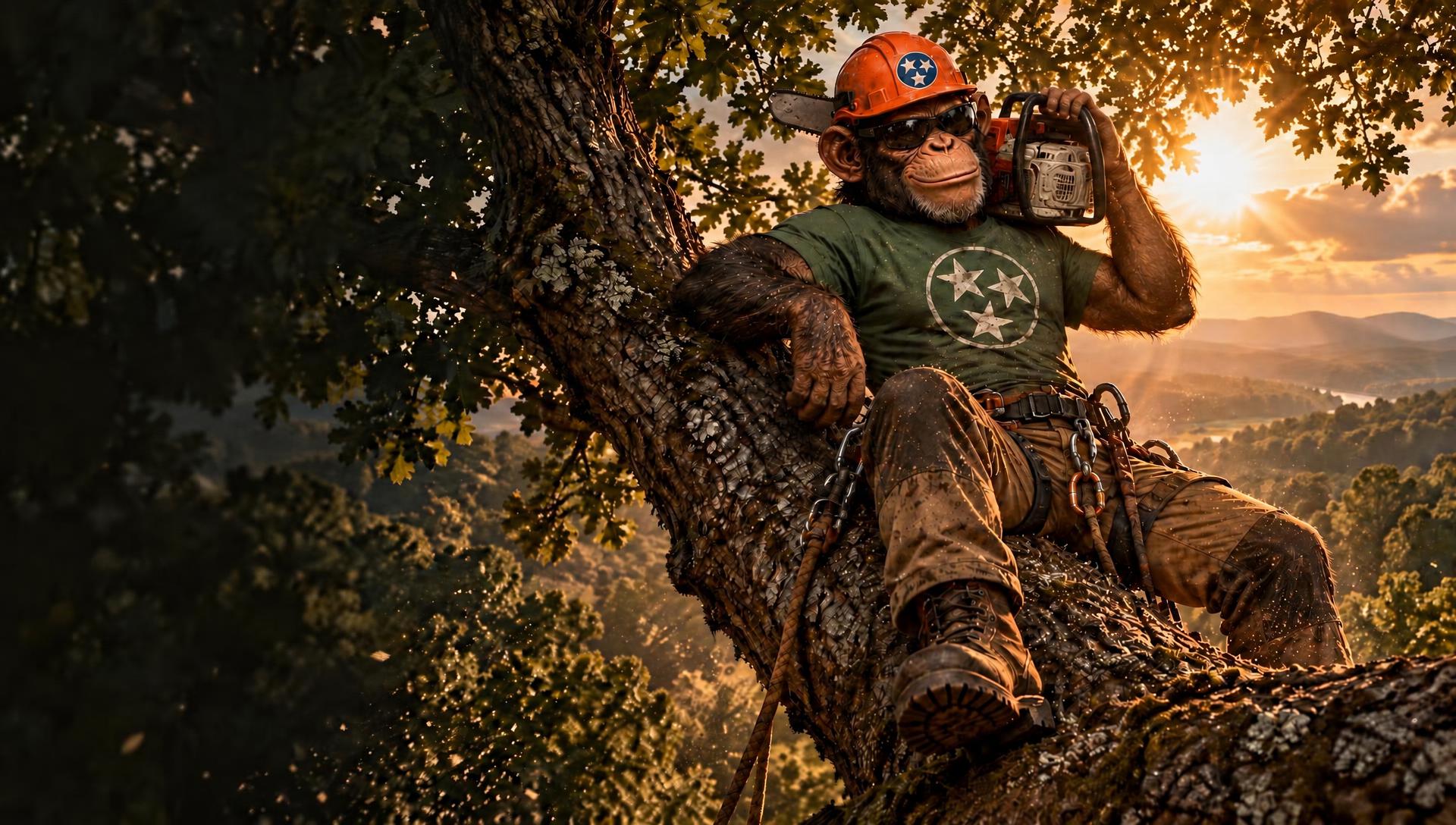 Camacho Creations monkey mascot perched on a giant oak limb with a chainsaw over his shoulder at sunset