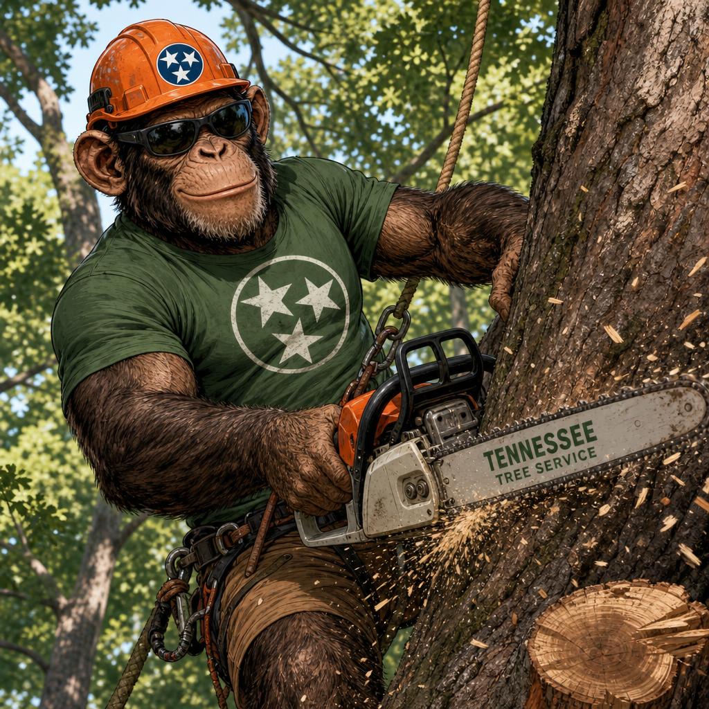 The Camacho Creations monkey smirking while cutting a tree trunk